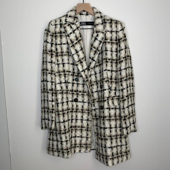 Zara Women Taupe Brown Lapel Collar Longline Textured Plaid Blazer Medium - Picture 2 of 16